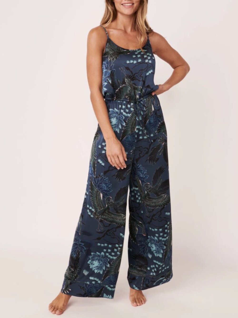 NWOT 2PC Set Lounge Jumpsuit plus Nightie la Vie en Rose Asian cranes teals Sz M